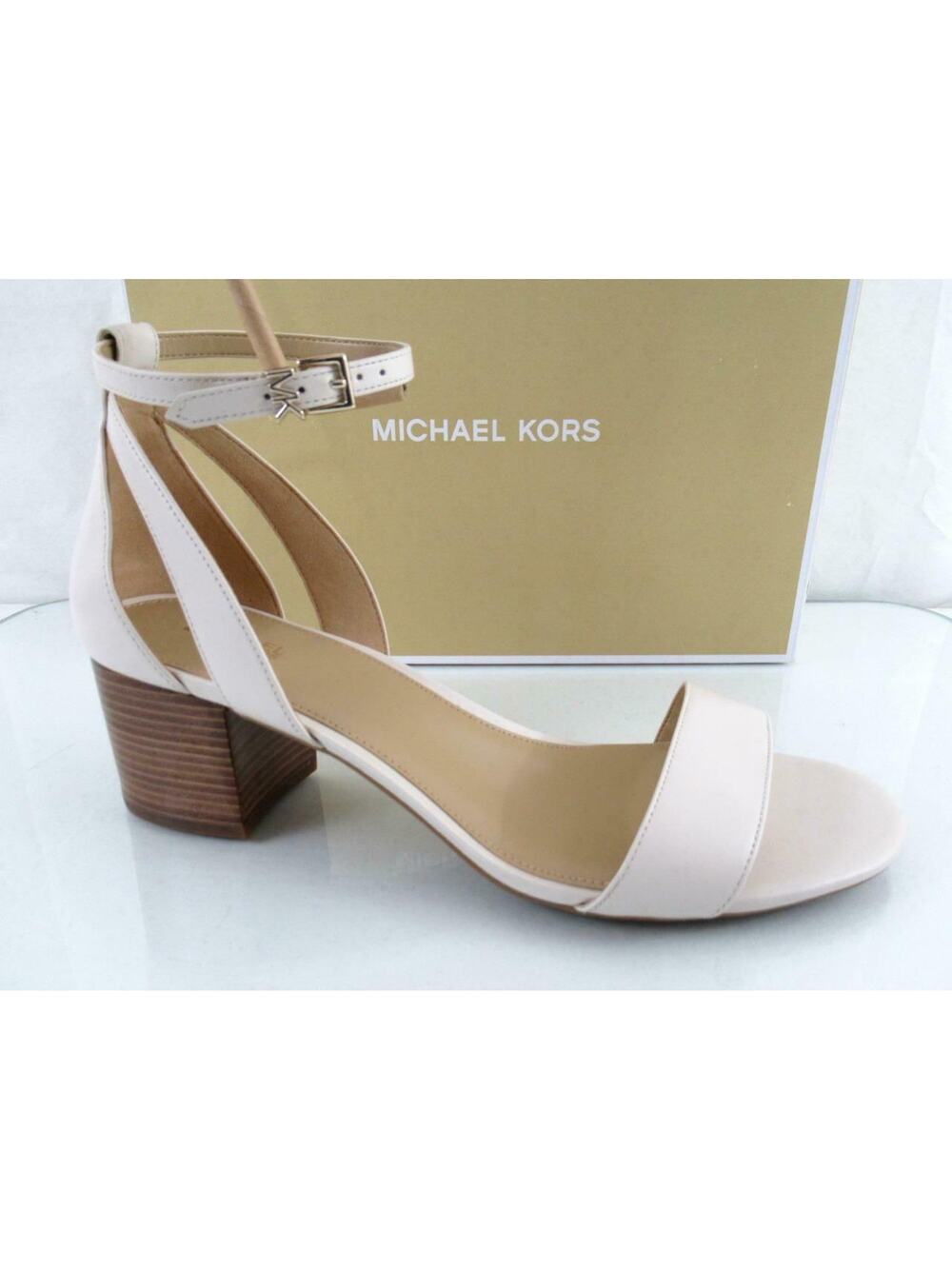 Michael Kors Cardi Flex Mid Block Heel Ankle Strap Sandals Light Cream Size 10